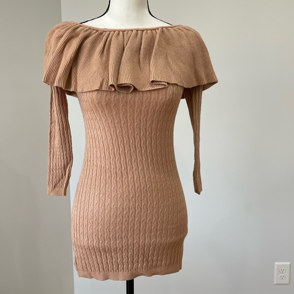 Olivaceous long sleeve sweater dress cashmere off shoulder bodycon cable size M - Picture 8 of 9